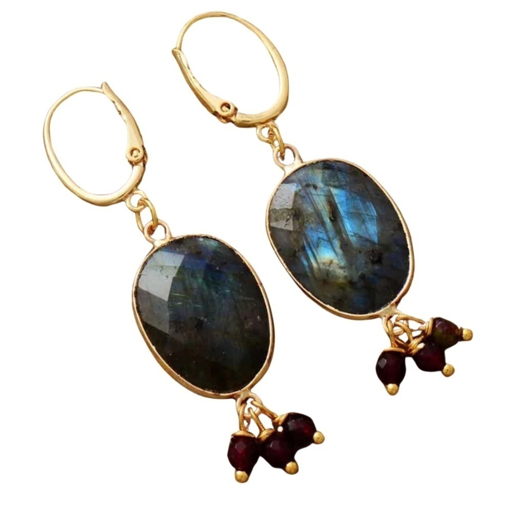 Labradorite & Goldtone Oval Cluster Leverback Drop Earrings